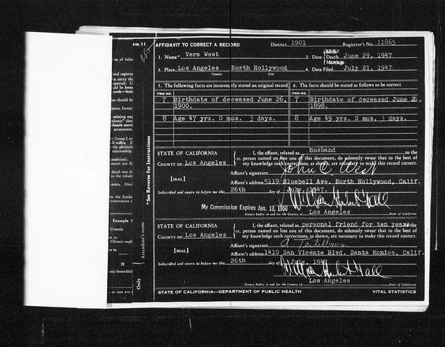 Vera West's corrected death certificate page 2. California, County Birth and Death Records, 1800-1994. California Death Certificate Facts for Archive Research