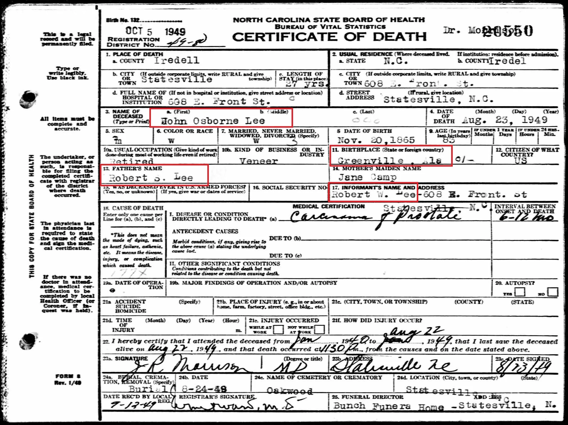 North Carolina Death Record - John Osborn Lee. 5 points worth checking on deaths today this week